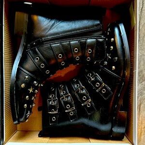 PRIMA DONNA star studded black leather buckle moto boots   Italian made boots